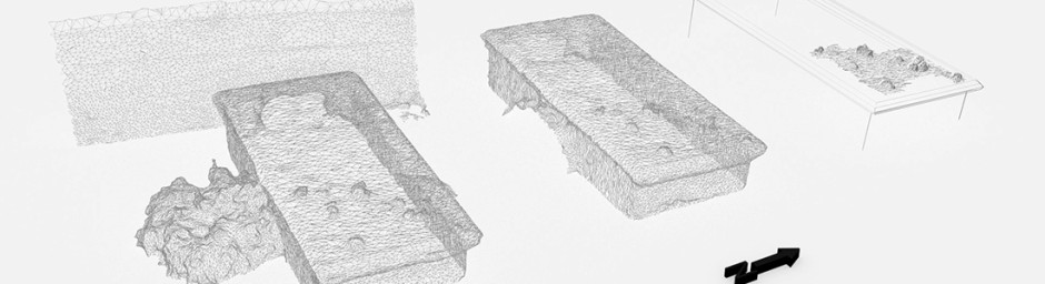 Wireframe screenshot of 3D models of graves, to demonstrate a portion of the workflow of using photogrammetry models in Unity 3D.