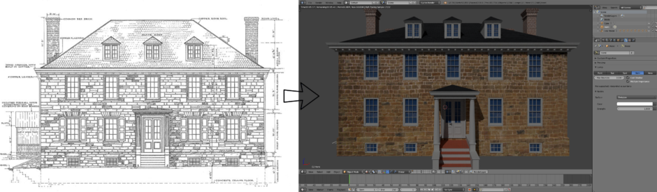 HABS/HAER drawings of Cornelius Low house on left; arrow pointing to virtually reconstructed version on right